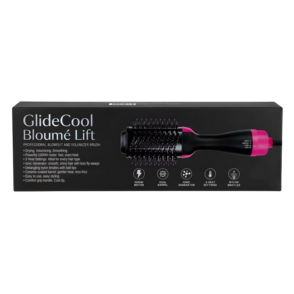 GlideCool Bloumé Lift box listing its 1000W motor, ionic generator, three heat settings and nylon bristles