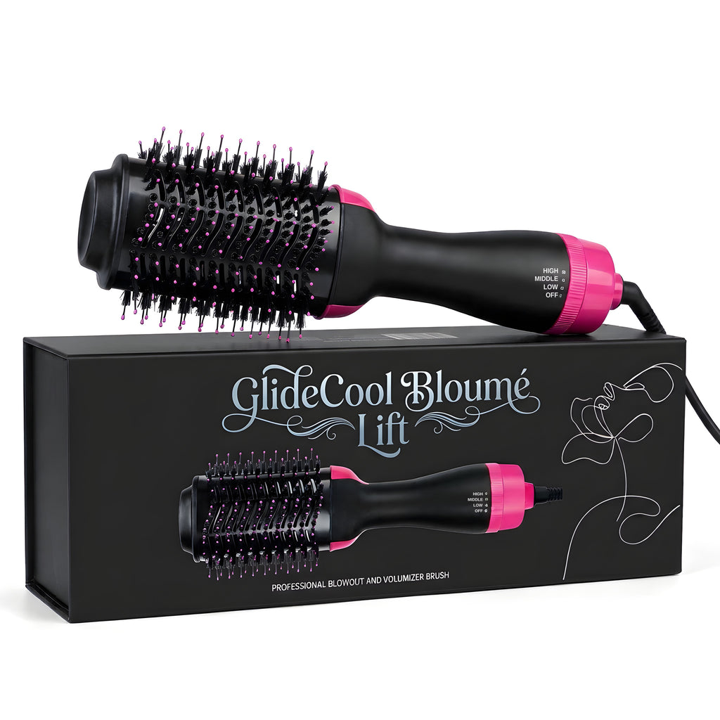GlideCool Bloumé Lift hot air brush resting on its black GlideCool gift box