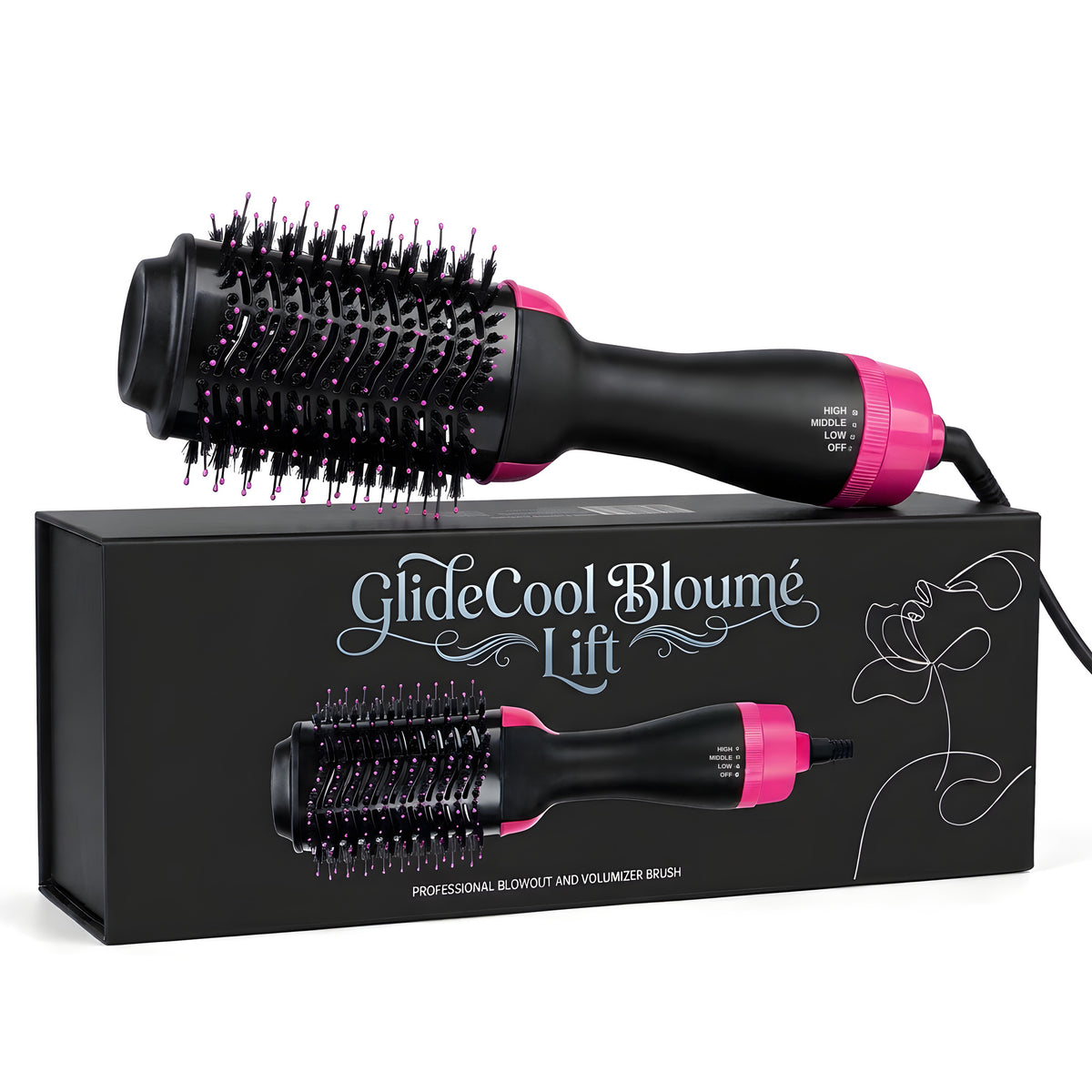 GlideCool Bloumé Lift hot air brush resting on its black GlideCool gift box